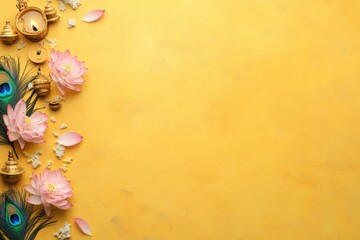 Pink lotus flowers, peacock feathers, and golden religious items creating a border on yellow background