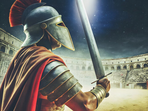 Gladiator mit Schwert in r&ouml;mischer Arena bei Nacht