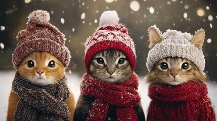 Fototapeta premium Three kittens wearing winter hats and scarves posing in the snow