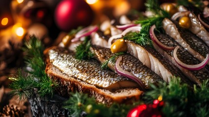 Artistically Arranged Swedish Christmas Herring Offering a Festive and Vibrant Holiday Experience
