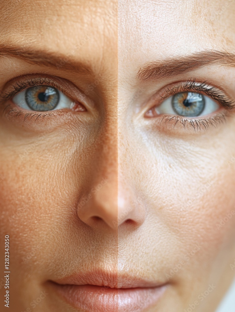 Poster comparison of aged and youthful skin showcasing wrinkles on one side and smoothness on the other in 