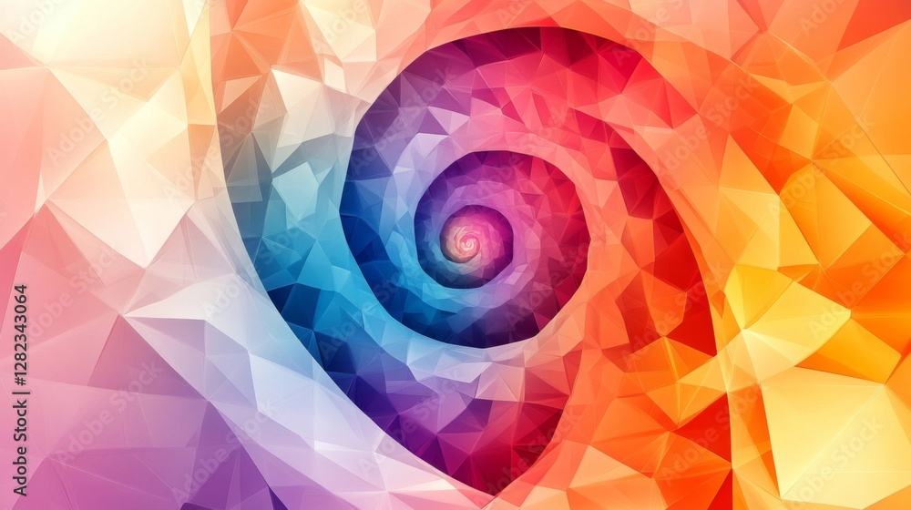 Poster abstract geometric spiral design with triangular facets in vivid colors