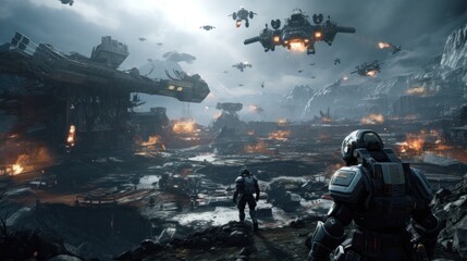 Futuristic battlefield scene featuring soldiers and aerial combat operation
