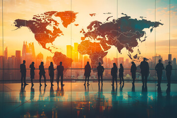 Global Vision: A diverse group gazes out at a world map superimposed over a cityscape at sunset, symbolizing international business and global strategy.