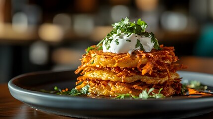 A Stunning Presentation of Crispy Potato Latkes with Sour Cream and Fresh Herb Garnish