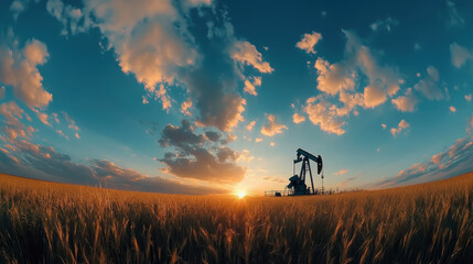 Fototapeta premium Pump Jack Silhouette at Sunset over Wheat Field with Dramatic Clouds