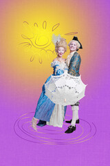 Sketch image artwork 3D photo collage of powdered wig marie antoinette elegance rococo couple young lady man stand together hold umbrella