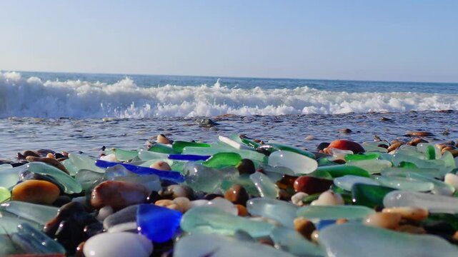 Sea glass, Pieces of sea glass isolated on white background, Green pieces of glass polished by the sea closeup background. A pile of natural beach glass, Multi colored pieces of polished glass. Colore