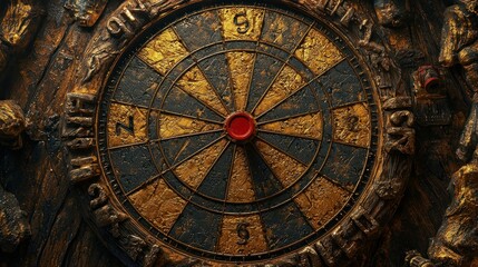 Obraz premium Antique Gold Dartboard Target. Rustic wood background. For game night and recreation