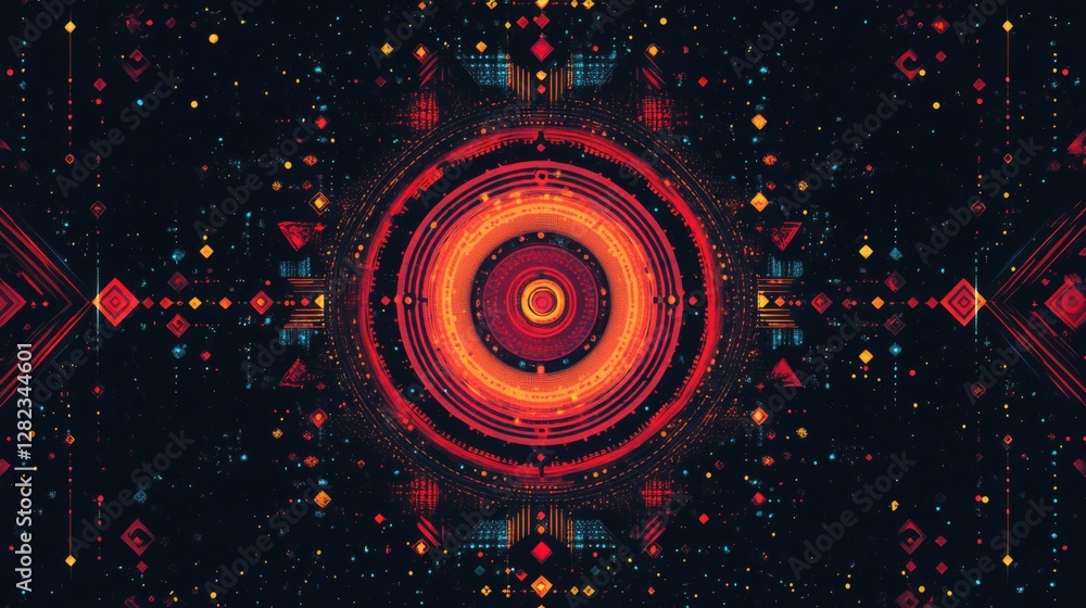 Poster abstract geometric pattern with intricate orange details on a dark background