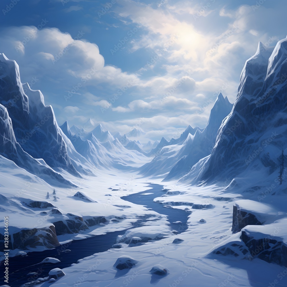 Poster a snowy mountain range with a river running through it