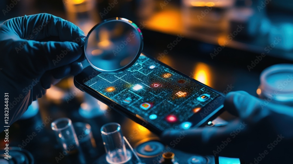 Poster gloved scientist analyzing a smartphone's security system with a magnifying glass, surrounded by tes