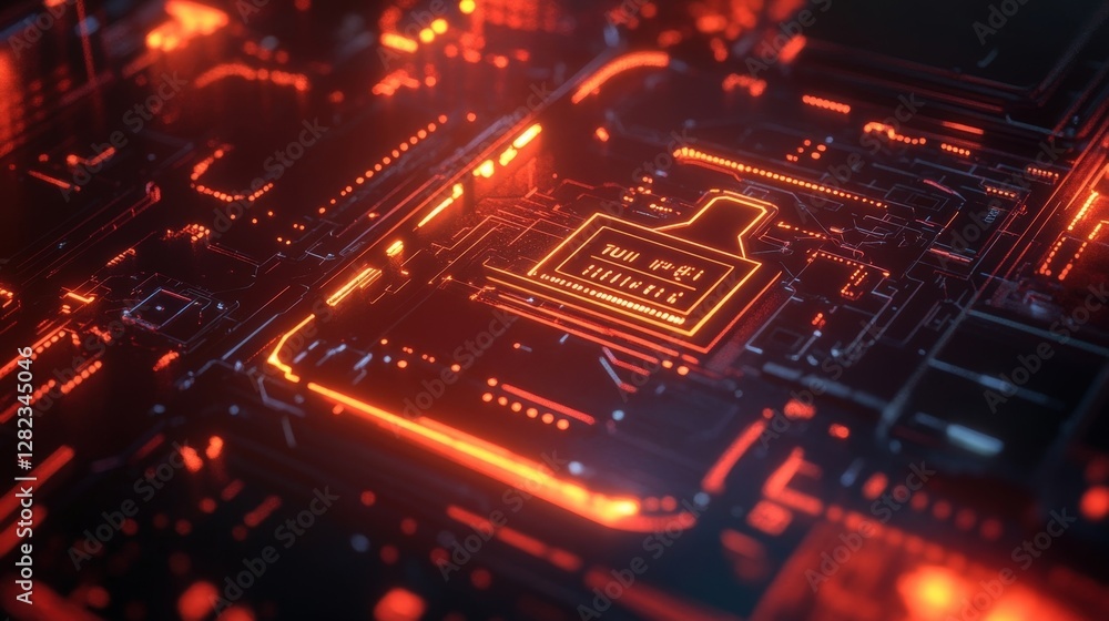 Poster glowing orange lines illuminate a futuristic circuit board, highlighting a cyber security threat wit