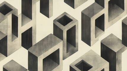 Abstract Geometric Pattern With Interlocking Gray 3D Cubes On Textured Background