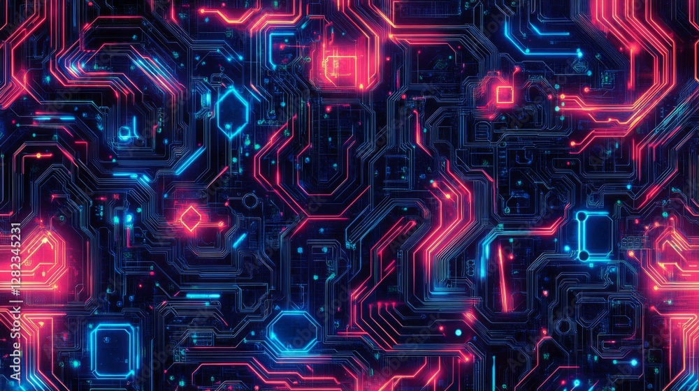 Poster high tech circuit board pattern with intricate blue and red neon glow design