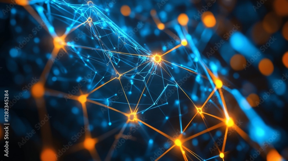 Poster abstract network of interconnected nodes and lines in blue and orange hues