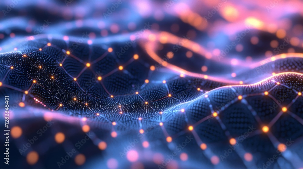 Poster abstract network of blue waves with orange nodes and soft light