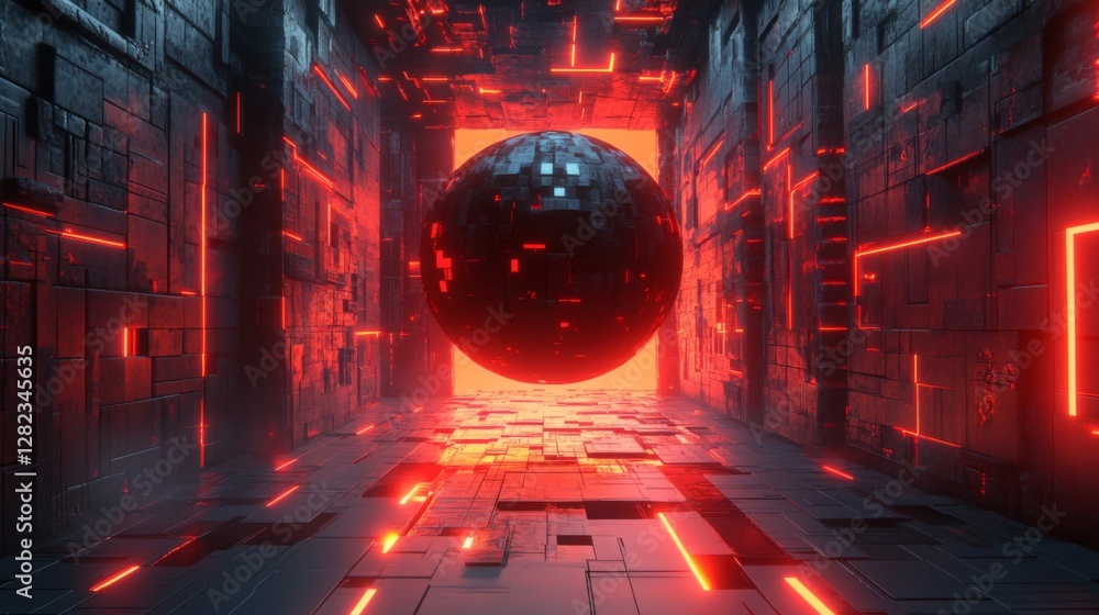 Poster abstract dark tunnel with glowing red lines and sphere futuristic background