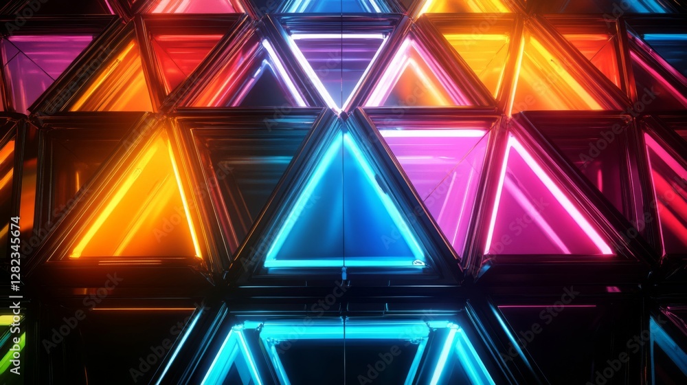 Aufkleber abstract geometric triangle pattern with colorful neon lights and black grid structure