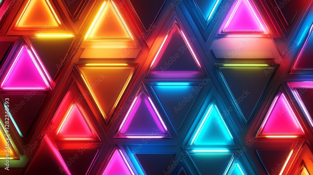 Poster abstract geometric triangle pattern with vibrant neon lights and dark background