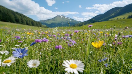 Obraz premium Colorful wildflowers bloom in a lush green alpine meadow under a blue sky with mountains in the background.