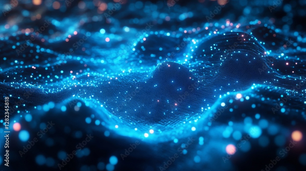 Poster abstract blue wave pattern with glowing dots and blurred background technology concept