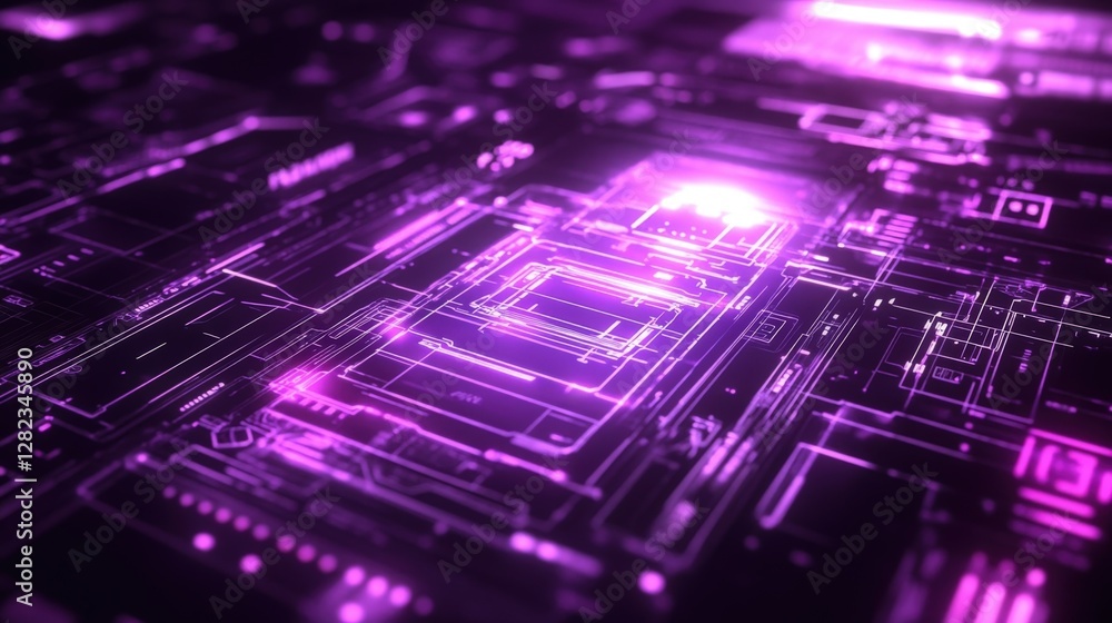 Poster complex network of circuits and processors emitting a vibrant purple glow, symbolizing the intricate