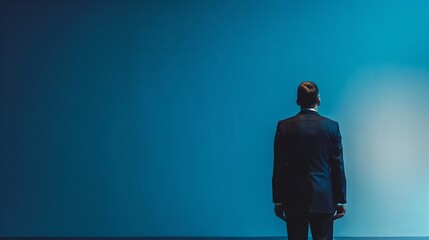 Obraz premium A man in a suit is standing in front of a blue wall