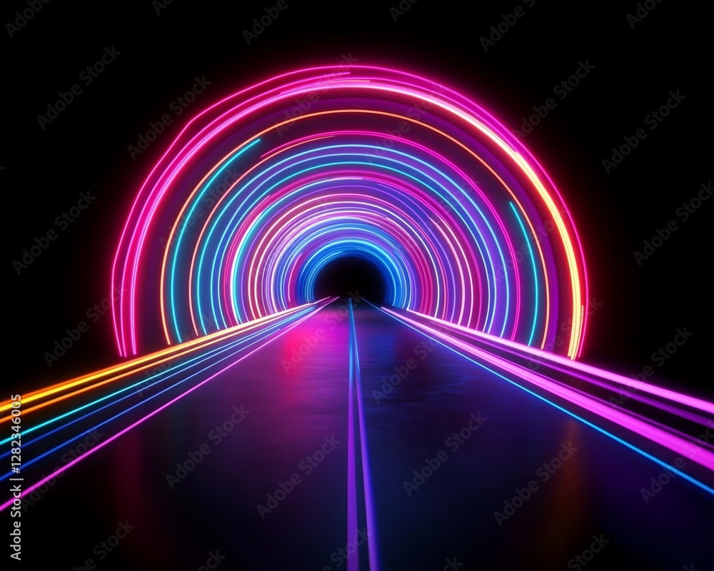 Poster neon tunnel with circular light arrangement and glowing path