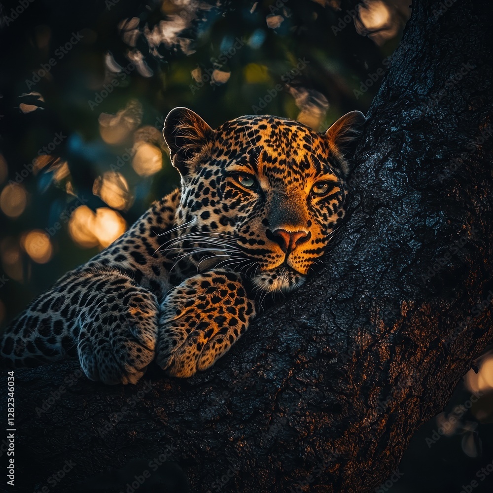 Poster leopard resting on a tree branch at sunset.