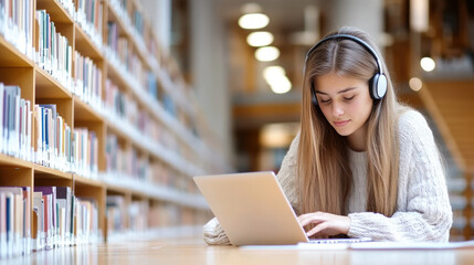 A girl is sitting at a table in a library with a laptop open in front of her