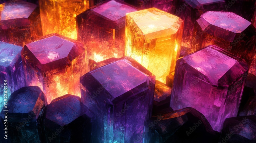 Poster abstract glowing crystal cluster with faceted geometric shapes and iridescent luster