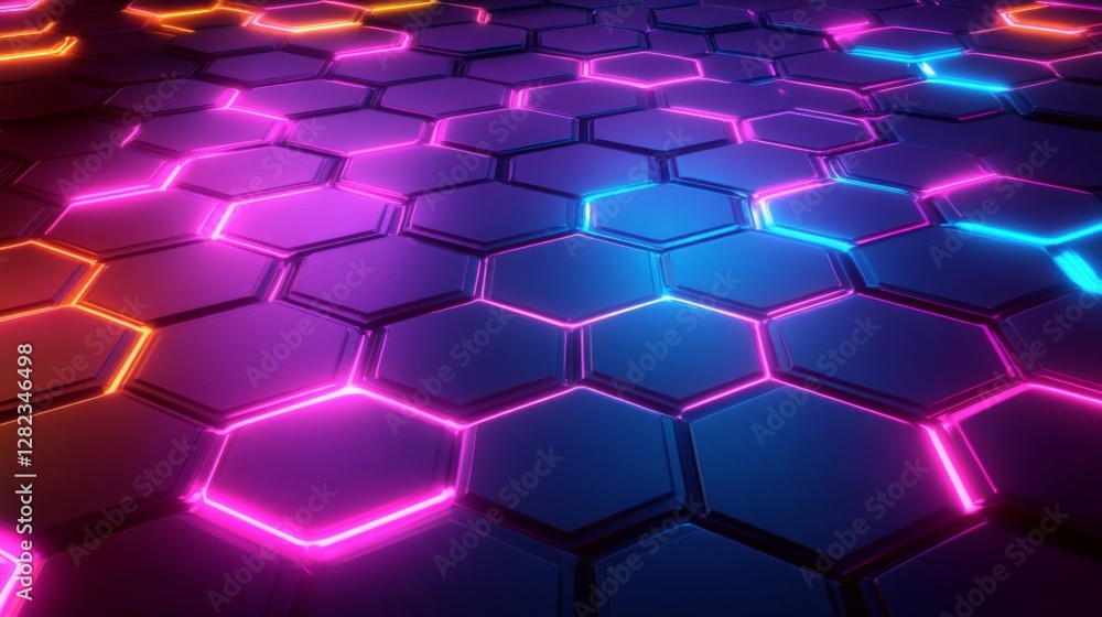 Poster vibrant hexagonal grid pattern with neon lights and textured surface