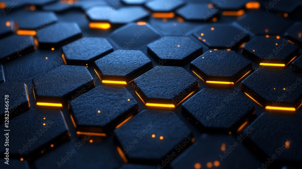 Poster dark hexagonal pattern with orange glowing highlights abstract background