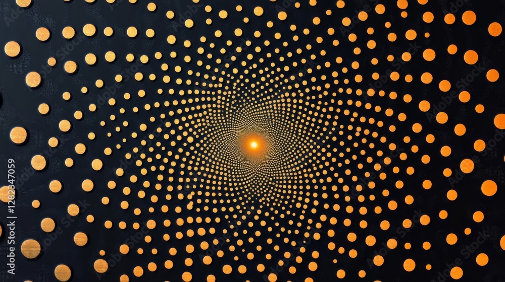 Poster abstract dark background with golden dots forming a distorted spiral pattern
