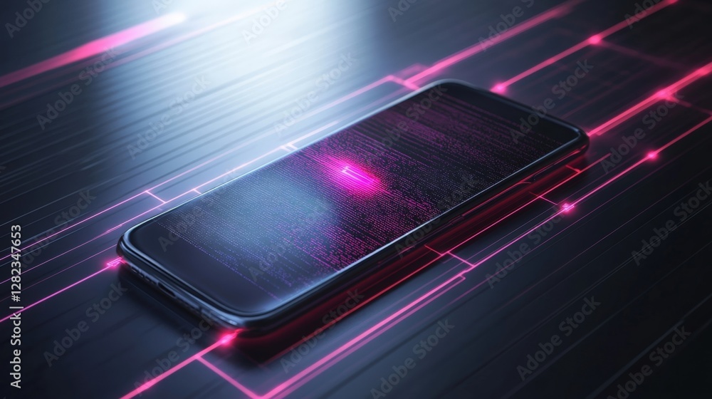 Poster mobile phone displaying running source code lines on dark circuit board with glowing pink neon light