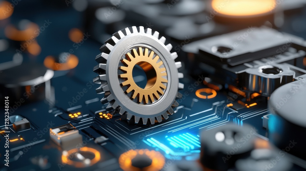 Poster futuristic cybernetic mechanism with rotating gears
