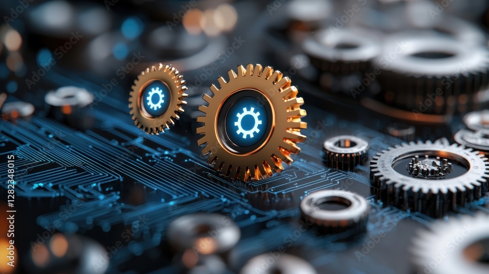Poster futuristic mechanical system with interconnected gears
