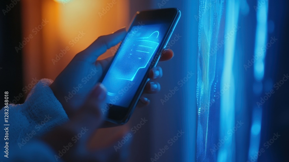 Poster woman using smartphone with futuristic hologram for secure authentication in a technological and mod