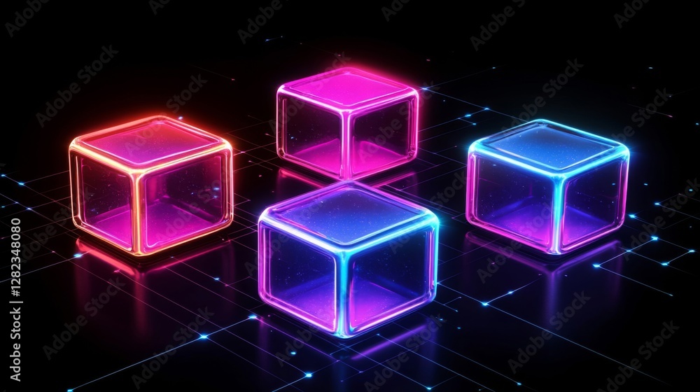 Poster neon cubes floating with glowing light on dark background in digital style