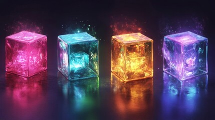 Four Glowing Pixelated Cubes in Pink Teal Orange and Purple Against Black Backdrop
