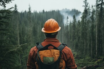 Forest ranger watching wildfire smoke spreading through trees
