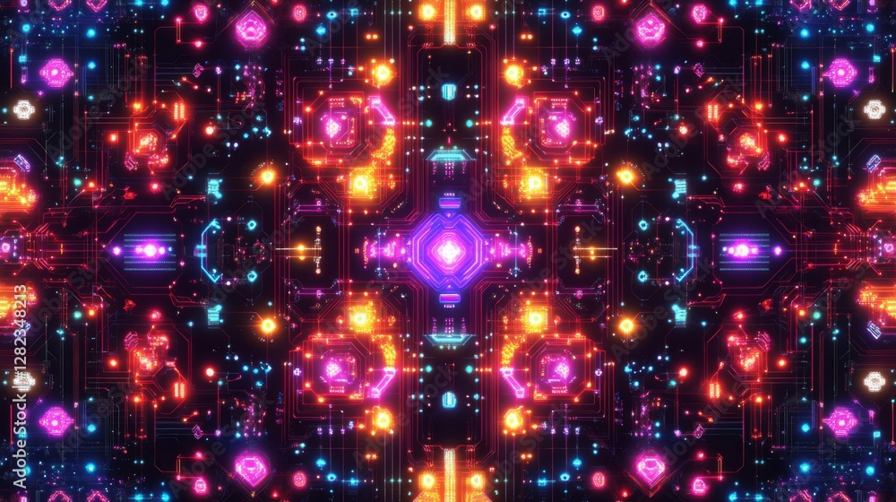 Aufkleber abstract digital pattern with geometric shapes and neon lights on dark background