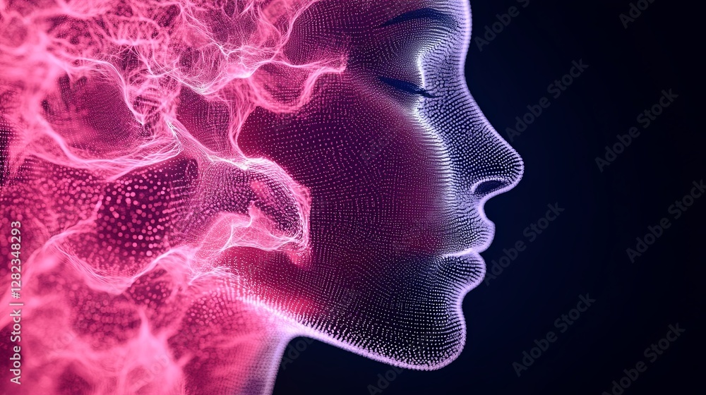 Poster ethereal digital portrait showcasing vibrant waves of color and flowing patterns in the facial struc
