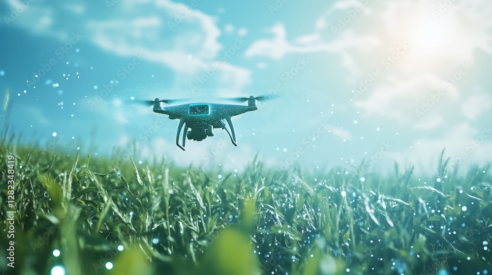 Poster modern drone flying over green wheat field with digital overlay effect representing data collection,