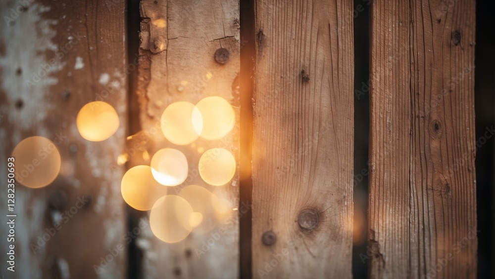 Poster wooden panels illuminated by warm bokeh lights create a cozy atmosphere in a rustic setting during e