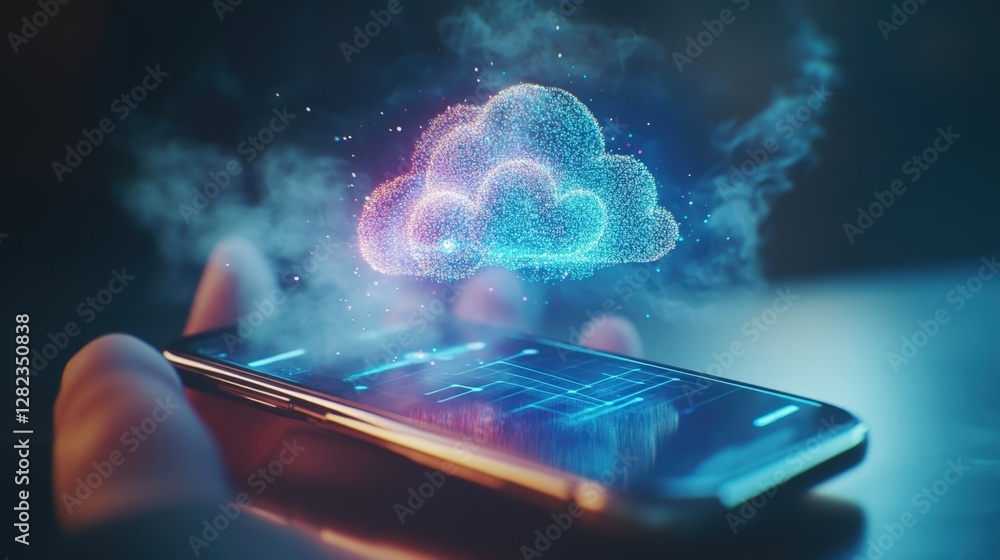 Poster hand holding smartphone displaying a futuristic hologram of cloud computing, processing and transfer