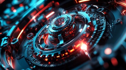 Fototapeta premium Close Up of Complex Interlocking Gears in a Futuristic Machine with Red and Blue Lighting