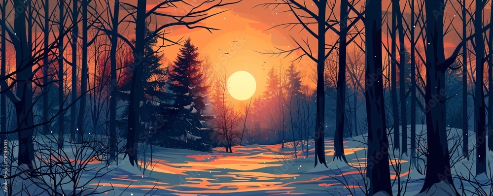 Poster a forest with a tree in the foreground and a large sun in the background