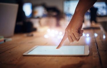 Blank space, hand and tablet screen on desk in office for research on creative magazine blog from...